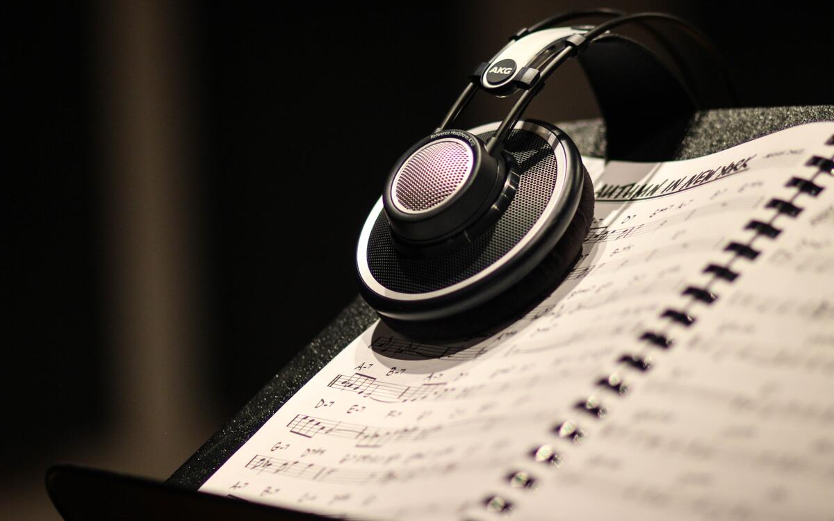 Headphones and sheet music at Spirit Studios