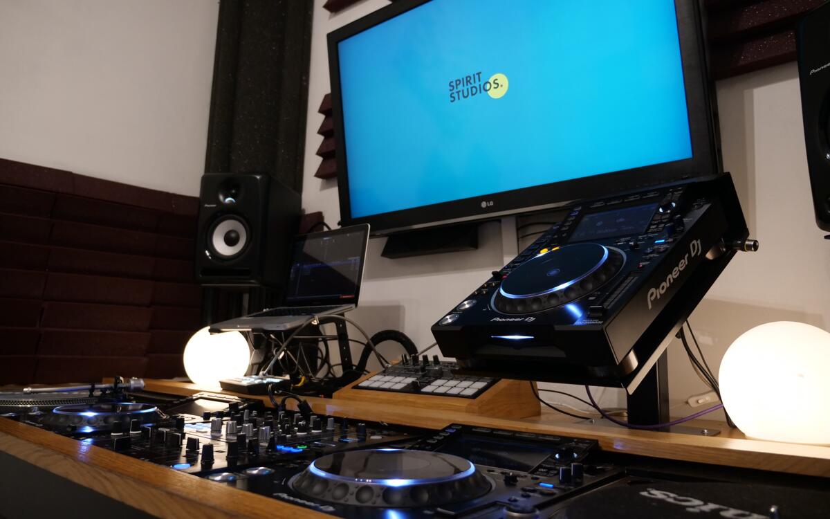 Close up side shot of the DJ equipment in the Pioneer Booth