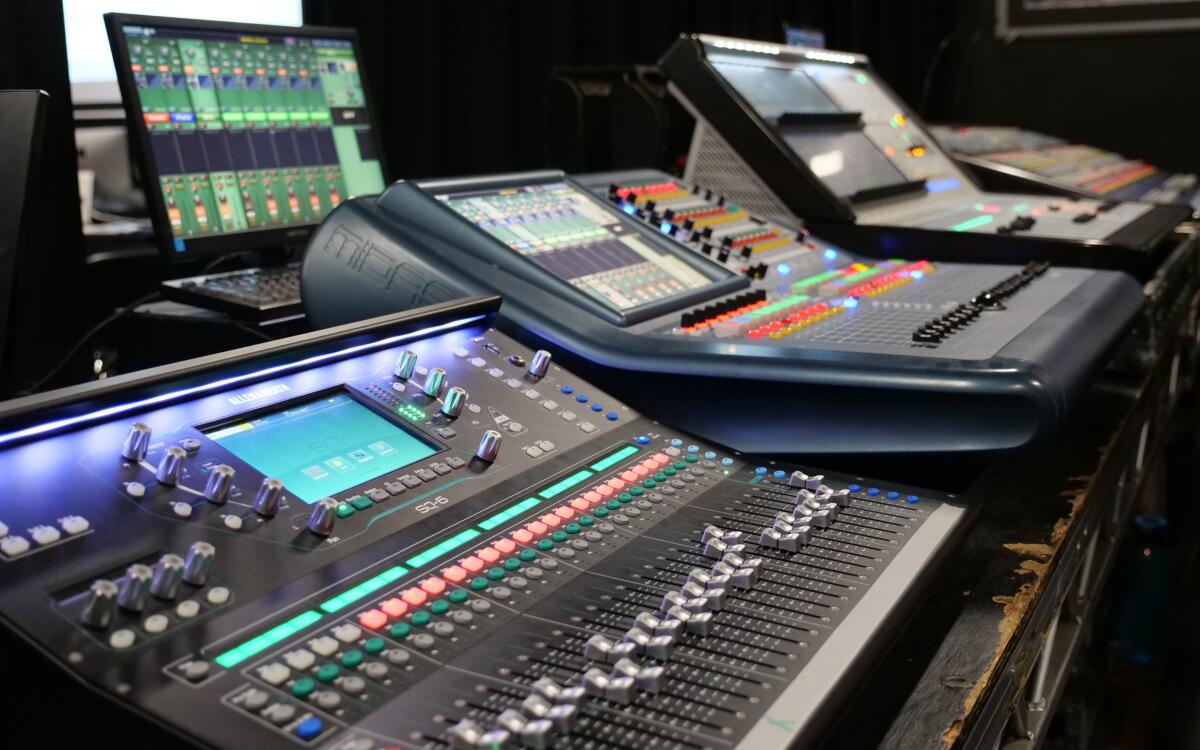 Up close image of audio equipment in the Charlie Jones venue
